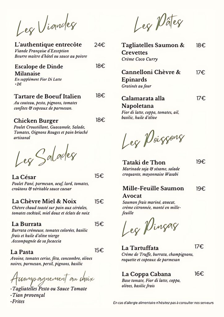 Maison mondino - carte restaurant