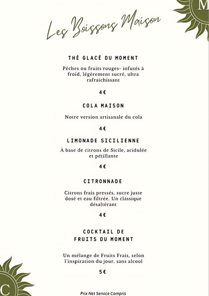 Maison mondino - carte restaurant boissons