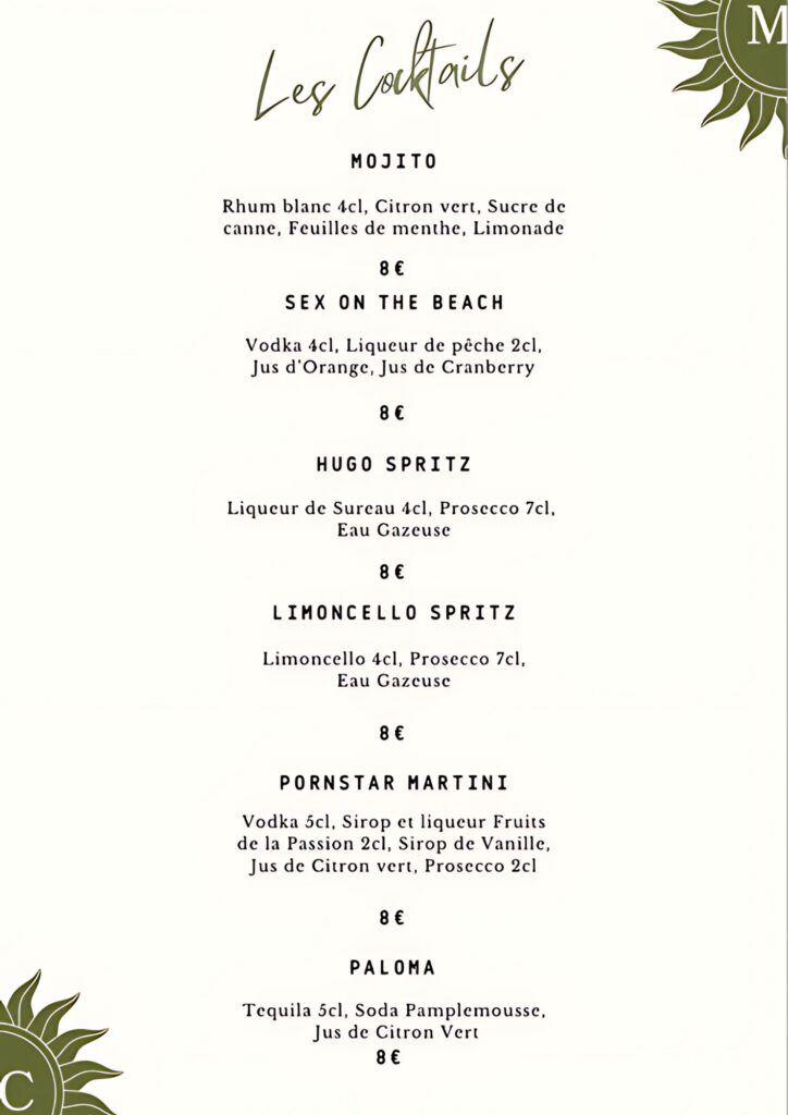 Maison mondino - carte restaurant coktails