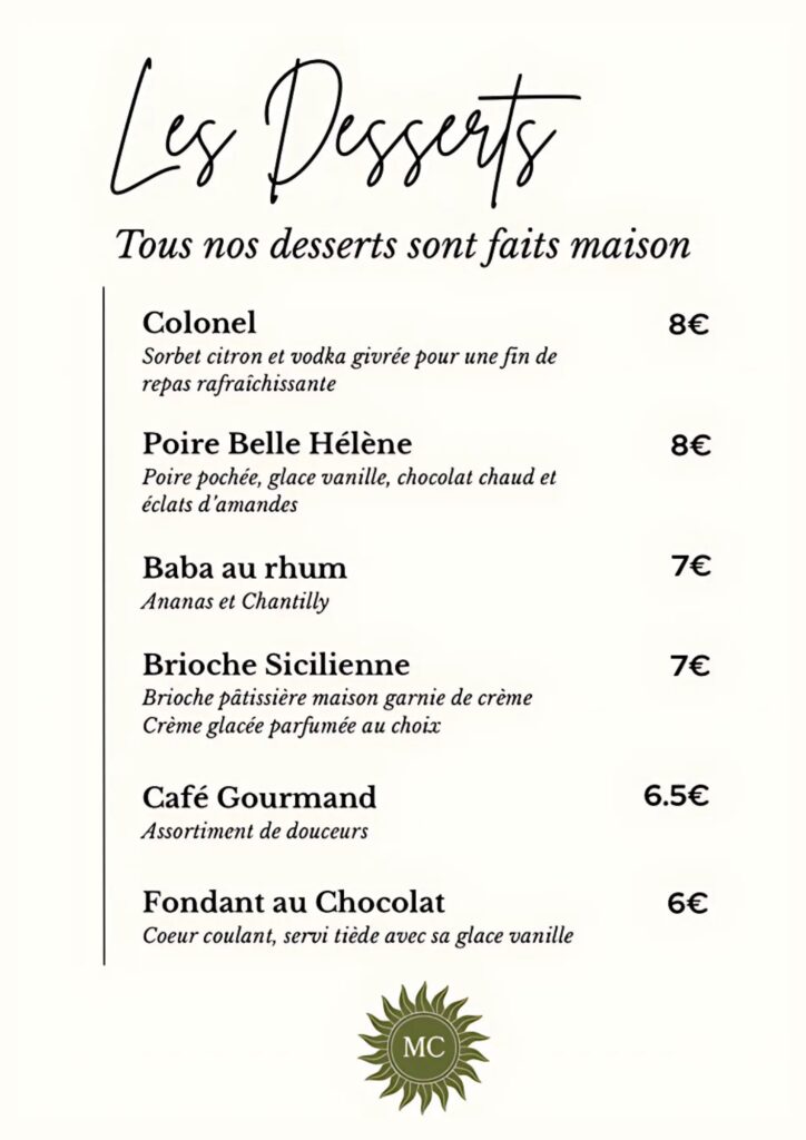 Maison mondino - carte restaurant desserts
