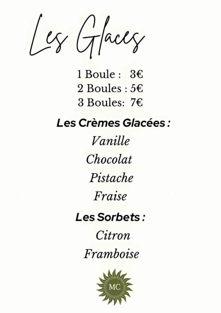 Maison mondino - carte restaurant glaces